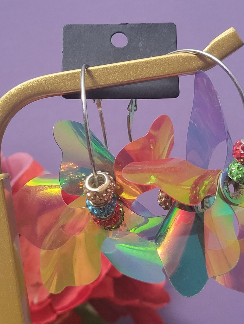 Fun Colorful Iridescent Hoop Earrings with Multicolor Crystal Beads
